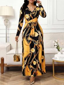 SHEIN Lady Women's Fashionable Commuter Colorblock Chain Print Long Dress - Yellow - View 7