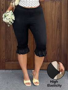 GalTyme 大码休闲百搭纯色荷叶边下摆打底裤 - 黑色 - 查看 4