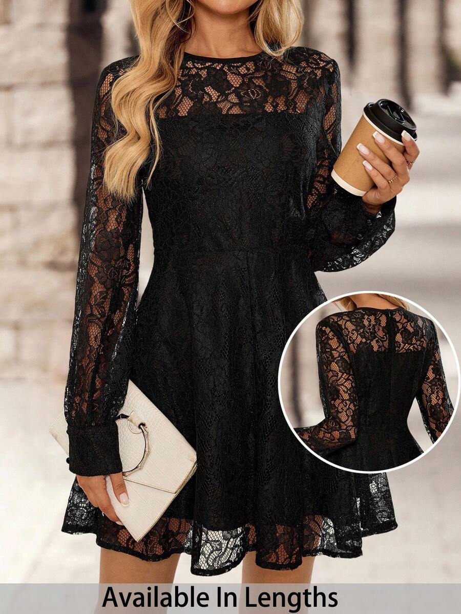 SHEIN Tall CURVE Plus Size Women Elegant Lace Long Sleeve Black Dress ...