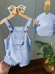 Bubblio 2件套婴儿男女童休闲可爱条纹背带连体衣和渔夫帽套装，用途广泛，适合休闲、居家、外出、海滩等场合，春夏皆宜。 - 藍色 - 查看 3
