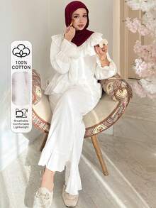 DAZY 浪漫轻盈纹理面料荷叶边女士睡衣套装 - 白色 - 查看 1