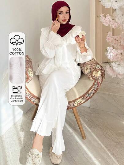 DAZY Romantic Lightweight Textured Fabric Ruffle Trim Women Pajama Set