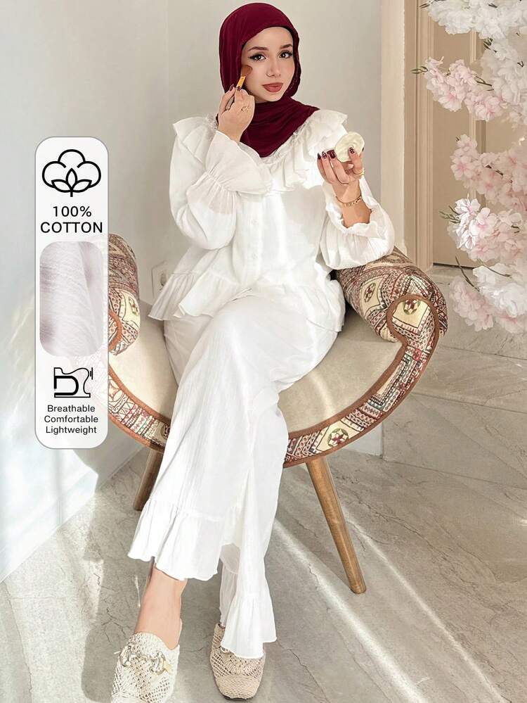 Romantic Lightweight Textured Fabric Ruffle Trim Women Pajama Set