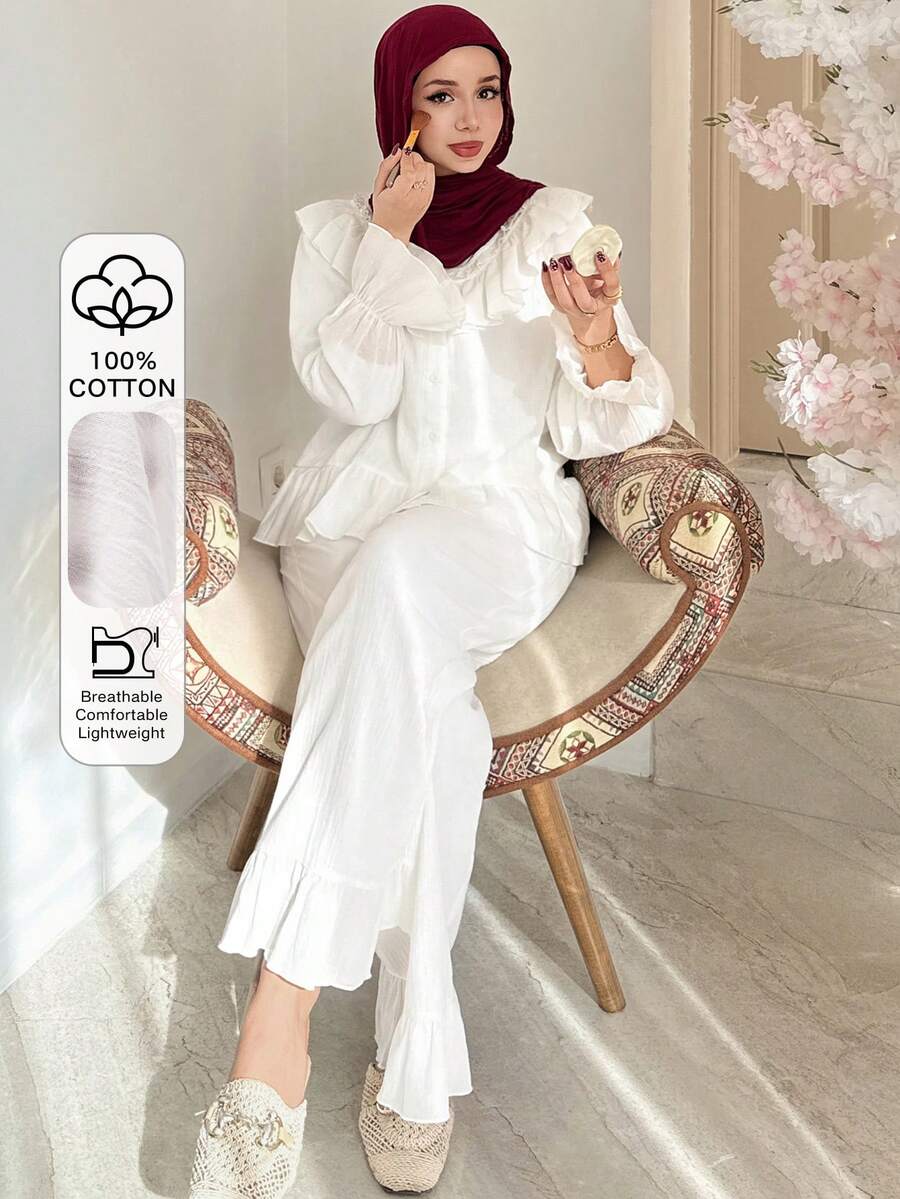 DAZY 浪漫轻盈纹理面料荷叶边女士睡衣套装 - 白色 - 查看 1