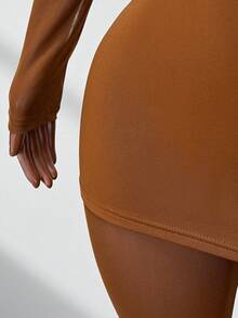 BamGleam Mock Neck Long Sleeve Splicing Hollow Out Jumpsuit, Sexy & Slim Fit - Brown - View 3