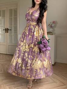 DAZY 女士优雅印花露背吊带收腰中长连衣裙，夏季 - 紫色 - 查看 6