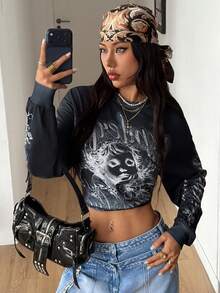 Coolane 夏季女装街头休闲节日街头风复古嘻哈印花黑色宽松长袖T恤，Y2K长袖上衣，Y2K印花T恤，Y2K上衣，Y2K女装，长袖露脐上衣，女装时尚服饰 - 黑色 - 查看 2