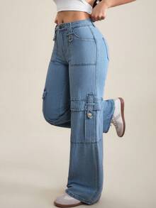 SHEIN Tall Women's Casual Versatile Flap Pocket Button Fly Wide Leg Jeans - Blue - View 4