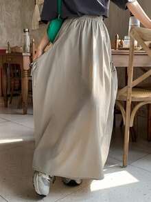 Livesso 女士系带宽松弹力腰休闲半身裙，夏季 - 卡其色 - 查看 4