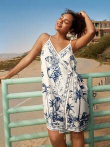 Travachic 大码热带印花系带吊带连衣裙，休闲度假风 - 藍白色 - 查看 3
