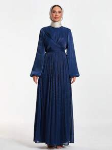 EURMUSE Elegant Navy Blue Middle Eastern Maxi Dress With Pleated Skirt And Wrap Front – Modest, Long Sleeve - Navy Blue - View 4