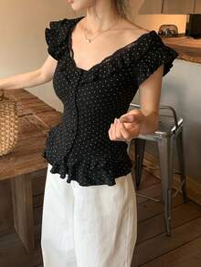 DAZY Women's Ruffled Polka Dot Korean Style Summer T-Shirt - Black - View 5