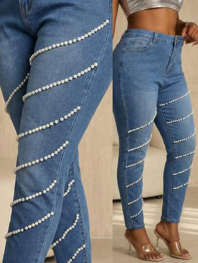 Slaydiva Summer Plus Size Pearl Contrast Color Slim Fit Mid-Waist Jeans Party Casual Summer Vacation Outfits For Women Jeans
