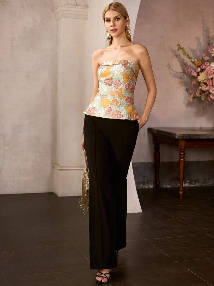 WOMEN'S STRAPLESS SLEEVELESS TOP WITH FLORAL JACQUARD PATTERNS, RUFFLED HEM TOP– IDEAL FOR WEDDINGS, GALA DINNERS, VINTAGE PARTIES & CELEBRATION