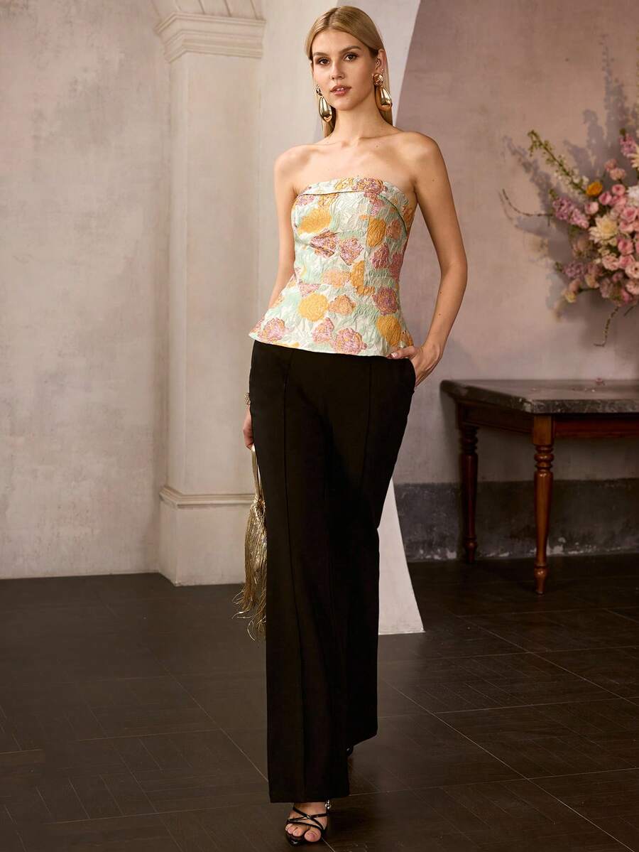 MOTF PREMIUM 女士无肩带无袖上衣，饰有花卉提花图案和荷叶边下摆——是婚礼、盛大晚宴、复古派对和庆祝活动的理想之选。 - 黃色 - 查看 2