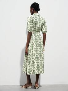 Aveloria Modichic Rochie elegantă de damă pentru navetă, zi de zi și vacanță, cu imprimeu minimalist, rever, mânecă bufantă, talie strânsă și nasturi în față - Verde - Vizualizare 6