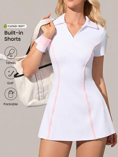 CourtClass 女士网球Polo领短袖运动连衣裙，带手机口袋，适合网球训练和户外活动