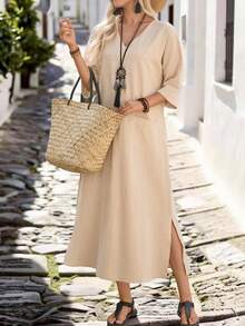SHEIN Holidaya Women's Casual Loose Cotton Pocket Dress, Suitable For Vacation - Apricot - View 1