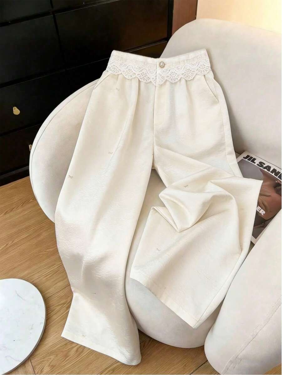 Lyxana Apricot Embossed Jacquard Waistband Splice Lace Trim Pants - Apricot - View 1
