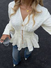 Siren Gaze 女式优雅纯色提花 V 领灯笼袖褶皱修身腰部荷叶边上衣，春/秋 - 杏色 - 查看 1