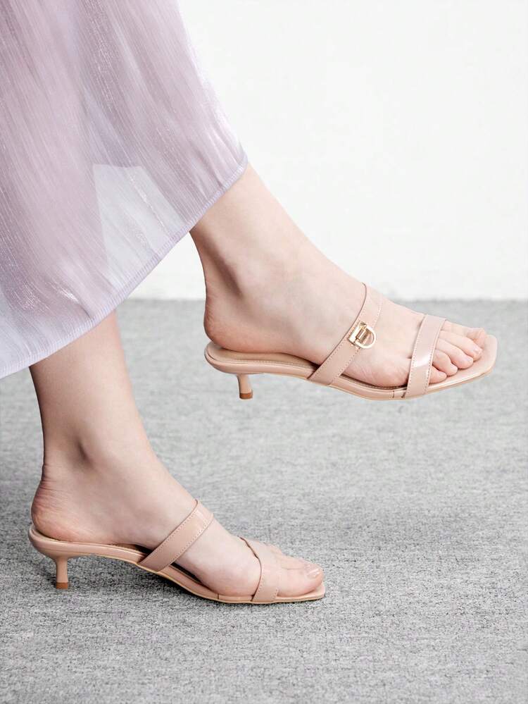CUCCOO BIZCHIC Women Shoes Spring And Summer New Apricot Strip With Open-Toe Metal Buckle Women's Middle Heel Sandals Slippers Simple, Fashionable And Comfortable Daily Versatile Commuting Women's Sandals Women's Shoes Summer Shoes