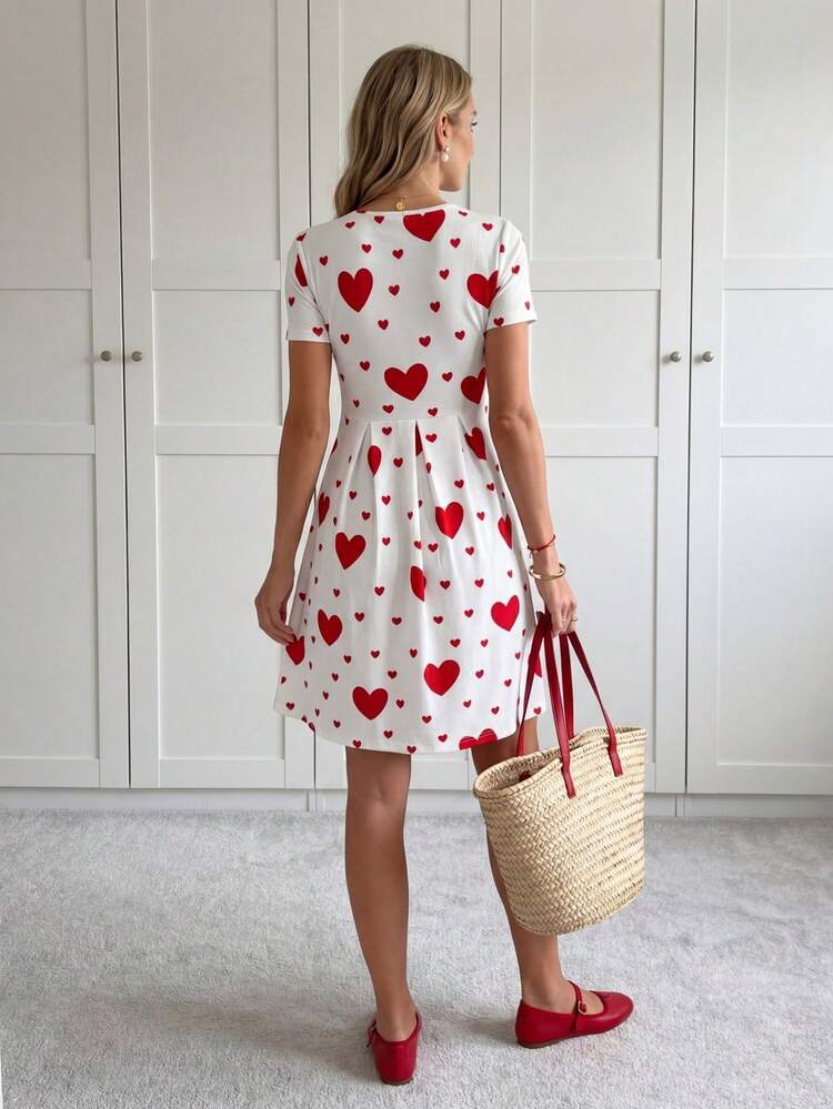 Valentine's Day Heart Print Women's Round-Neck Short-Sleeve Military Green Mid-Length Dress For The Summer