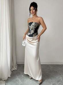 Elenzga 缎面褶皱腰部露背碎花短款上衣和修身鱼尾裙套装，优雅法式性感度假装 - 香檳色 - 查看 4