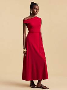 Travachic Elegantes Kleid mit schräger Schulter und ärmellos - Rot - Übersicht 4
