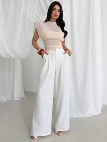 Firerie 优雅简约精致浪漫时尚通勤日常都市风波西米亚度假休闲网纱垂褶二合一收腰杏色金银线透视T恤上衣 - 杏色 - 查看 8