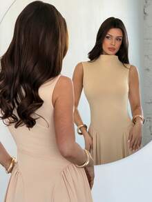 Firerie Women's Elegant Daily Commute Casual Travel Vacation Dress, Apricot Khaki Sleeveless Stand Collar Waist A-Line Slimming Graceful Dress, Beach Dress Outfit, Vacation Dress Outfit, Teacher Dress Outfit - Khaki - View 6