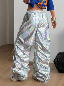 Coolane Y2K银色PU涂层降落伞裤，直筒阔腿裤脚口袋松紧腰长裤 - 銀色 - 查看 2