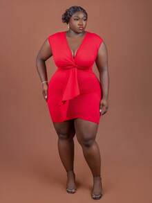 CurvyTilda Plus Size Elegant & Party & Dating Form-Fitting Solid Pink Dress With Chest Twist, Ruched Waist And Tie Belt Details, Mini Length, Spring/Summer, For Hourglass Body Shape - Red - View 1