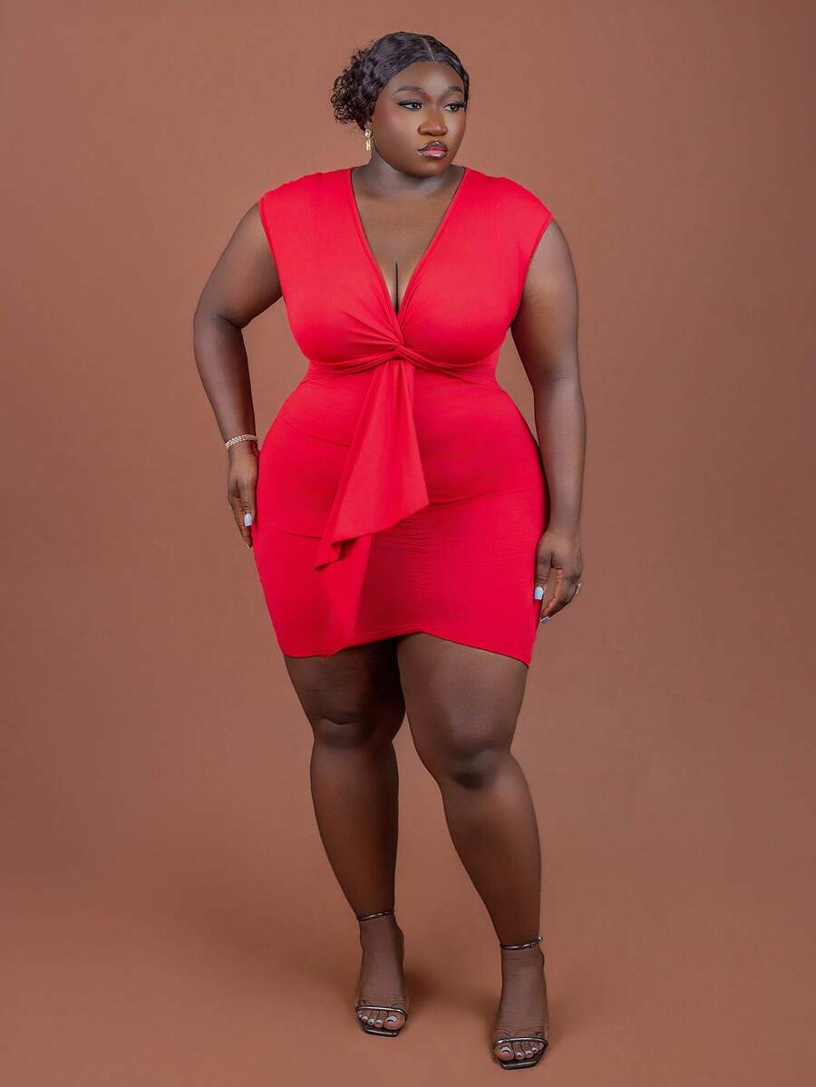 CurvyTilda Plus Size Elegant & Party & Dating Form-Fitting Solid Pink Dress With Chest Twist, Ruched Waist And Tie Belt Details, Mini Length, Spring/Summer, For Hourglass Body Shape - Red - View 1