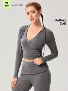 OutZeal Women Sports Hoodies Daily Casual Soft Stretch V Neck Hooded Cropped Tops - Grey - View 9