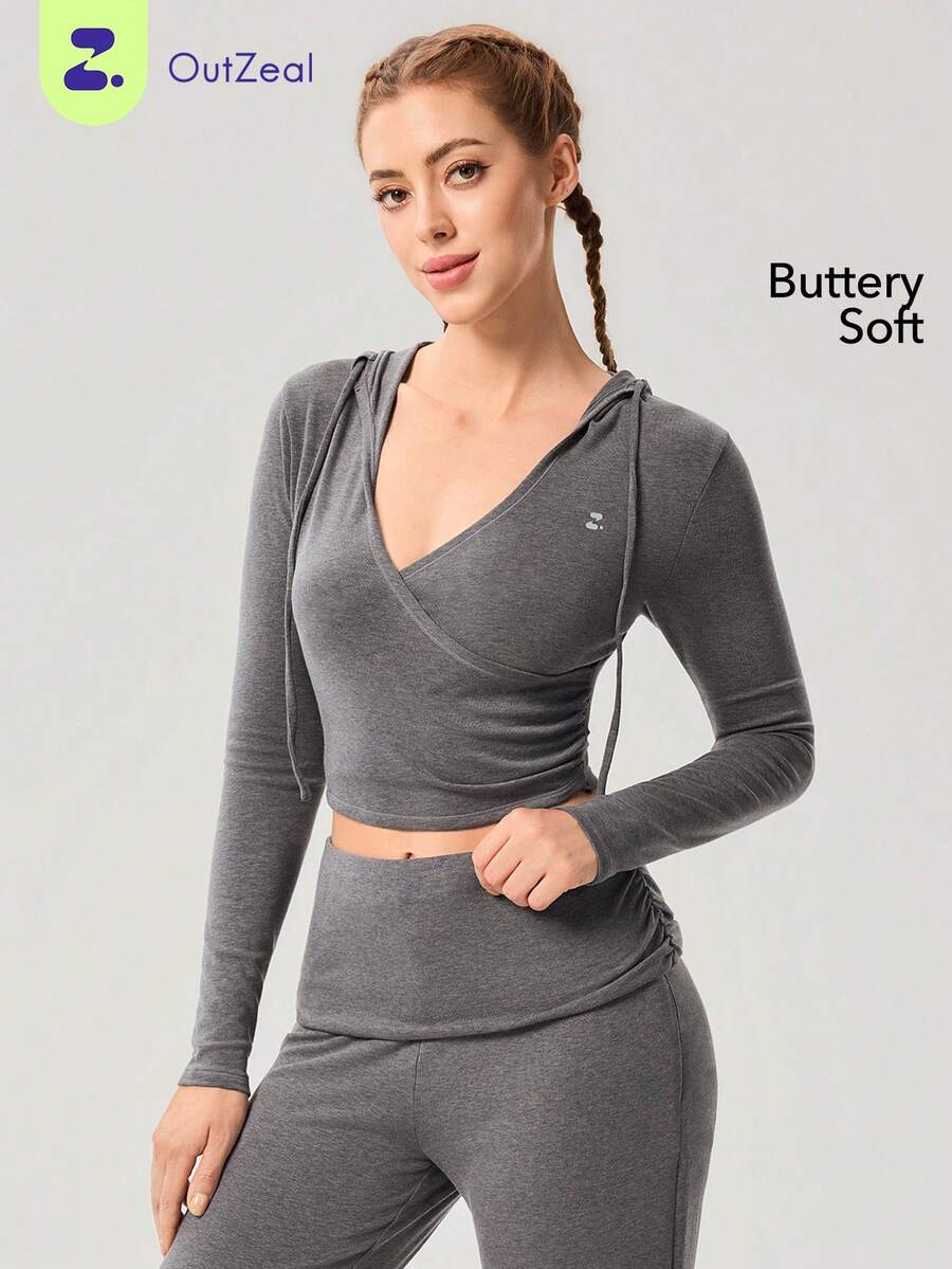 OutZeal 女士运动连帽衫 日常休闲柔软弹力V领短款上衣 - 灰色 - 查看 1