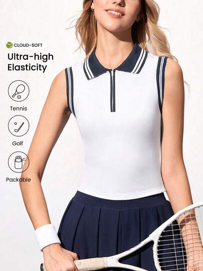 CourtClass Women's Casual Sleeveless Contrast Color Sports Polo Shirt, Summer