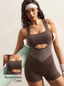 VARSIVA Brown Seamless Women's Backless Sports Jumpsuit, With A Cutout At The Chest, A Professional Backless Women's Sports Jumpsuit Suitable For Professional Fitness Activities, Pilates, Yoga, Running, And Everyday Wear, Suitable For Spring, Summer, Autumn And Winter. - Multicolor - View 13