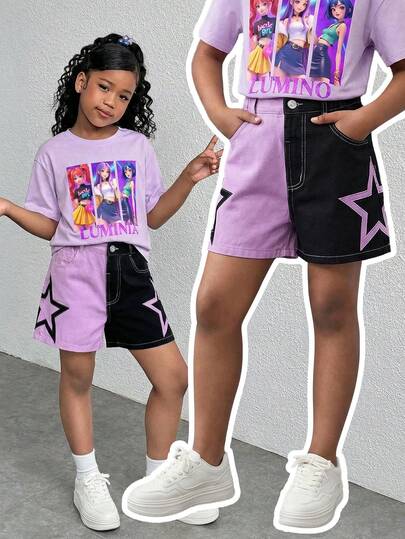 Quần short denim phối màu đen tím cho bé gái tuổi teen, thêu họa tiết ngôi sao năm cánh, thiết kế cạp chun co giãn thoải mái, phong cách đường phố đa năng, phù hợp cho mùa hè và các lễ hội âm nhạc.