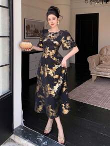 DAZY Women's Elegant Floral Print Round Neck Petal Sleeve Mid-Length Dress, Summer,Wedding Guest Dress Women Maxi Dress - Black - View 7