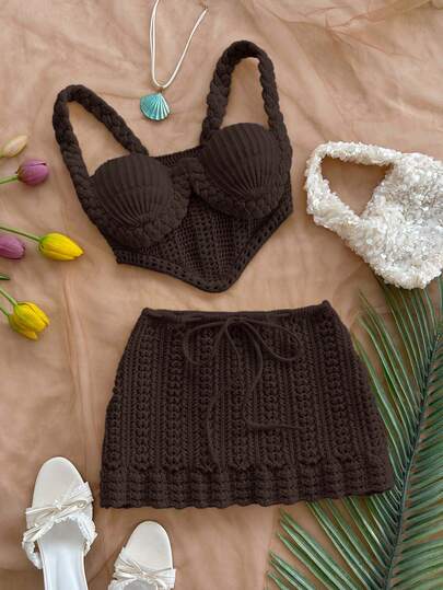 Soleia 2 piezas Conjunto de top corto de ganchillo con tirantes finos y falda de cintura baja, adecuado para festival de música, estilo bohemio, vacaciones, citas, té de la tarde