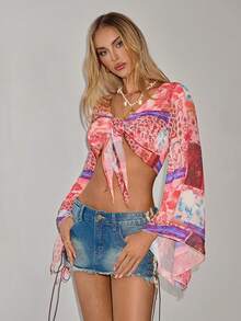 SHEIN ICON 女士度假风拼接图案前系结喇叭袖短款性感衬衫 - 彩色 - 查看 4