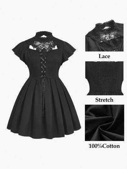 ROMWE Goth Vestido de fiesta gótico con estampado floral para tallas grandes, vestido negro