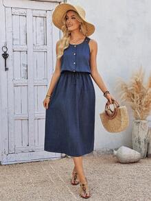 SHEIN LUNE Vestido midi elegante de cintura ceñida con cuello redondo y fruncido en la cintura de unicolor para mujer - Azul - Ver 4