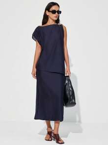 Aveloria Modichic Modisches Design, lässiger Urlaubsstil, minimalistisch, locker, lässig, leicht, asymmetrischer Ausschnitt mit exquisiter Metallverzierung Top, kombiniert mit geradem Rock, 2-teiliges Set, Off-Shoulder - Schwarz - Übersicht 3