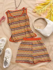 GlowEve Conjunto casual de 2 piezas de top de tirantes con cuello redondo y rayas onduladas, y shorts para mujer - Naranja - Ver 1