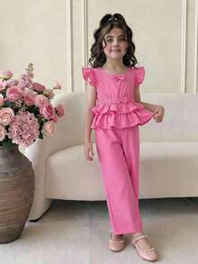 SHEIN Conjunto informal de blusa de manga de tapeta y pantalones de color magenta sólido tejido para niña preadolescente - Rosa - Ver 3