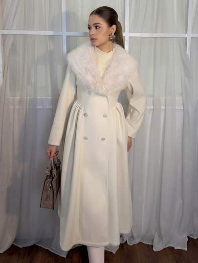 Aless PB Elegant Palace Style Romantic Maiden Faux Fur Collar Pearl Button Decor Jacket, Youthful Academy Vibe, Chic Street Style Wool Blend Coat For Women, Winter