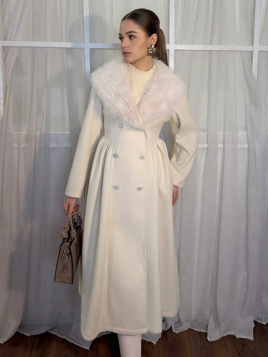 Aless PB Chaqueta elegante con estilo de palacio, cuello de piel sintética, decoración de botones de perlas, con un toque romántico y juvenil. Abrigo de mezcla de lana de estilo chic para mujer, ideal para el invierno - Albaricoque - Ver 1