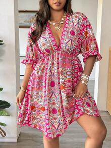 Vionelle 2026新款印花度假风宽松V领花瓣袖短裙，休闲显瘦设计，适合大码女性，女士度假连衣裙，夏季连衣裙，沙滩罩衫，度假连衣裙，波西米亚风连衣裙，曲线沙滩度假连衣裙，波西米亚风连衣裙，女士粉色印花连衣裙，女士夏季连衣裙，女士夏季套装，女士裹身裙，女士沙滩罩衫，女士假日连衣裙，度假装，女士度假连衣裙，女士夏季套装，沙滩装连衣裙，沙滩俱乐部罩衫，波西米亚风连衣裙，女士比基尼 - 玫紅色 - 查看 4