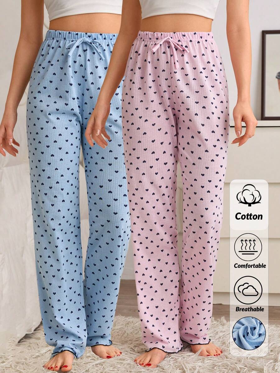 SHEIN 棉质罗纹针织多色撞色爱心图案带假抽绳长裤家居服舒适休闲女式两件套睡裤套装,夏季适用 - 彩色 - 查看 1
